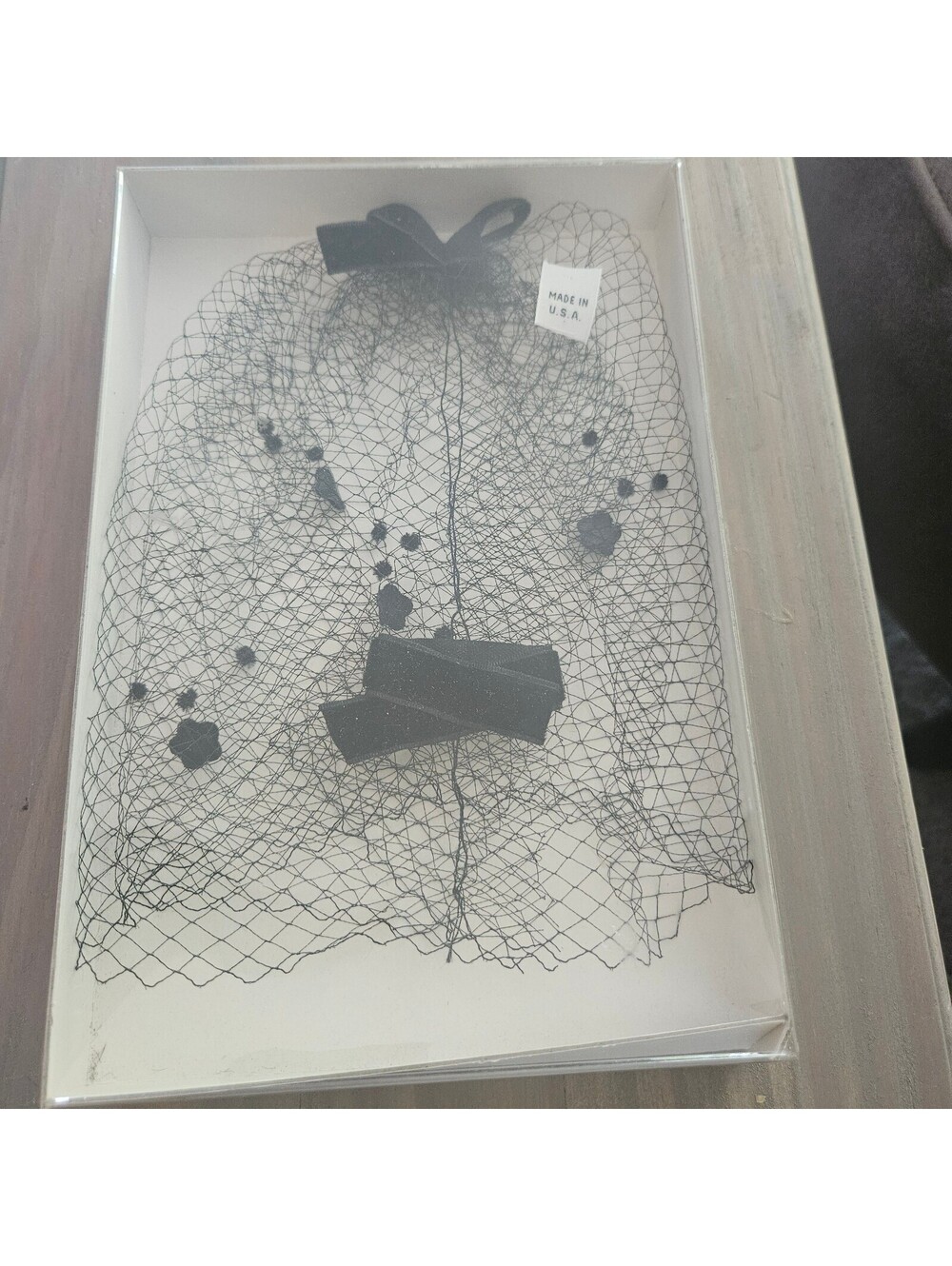 Vintage Black Birdcage Face Veil Fascinator Velvet Bows Made USA 1950s Boxed